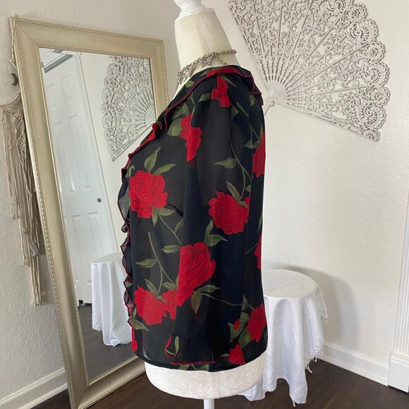 Whimsygoth Black Red Flower Frilly Ruffle Rose Mesh Button Up Vintage Blouse M - Picture 5 of 7